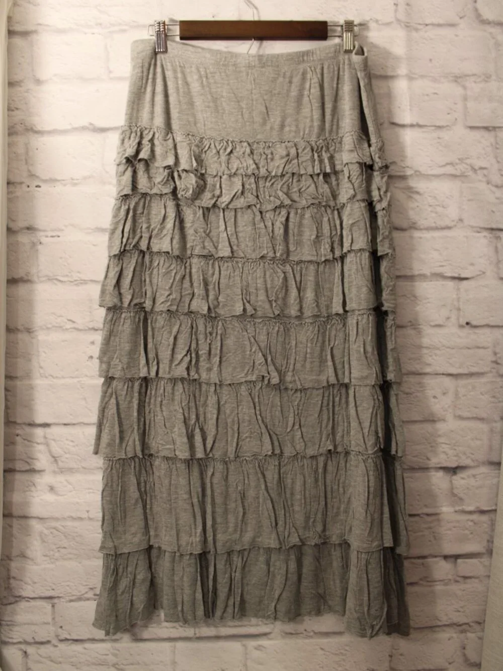 Soft Surroundings Gray Midi Skirt Layered Ruffle Pull On Fall Casual Boho Spring